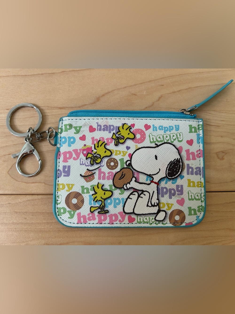 Snoopy Woodstock donuts slim zip top wallet with keychain loop and lobster clasp